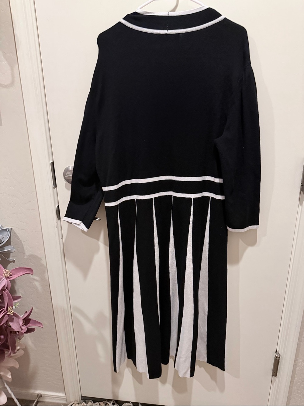New York & Company Black and White Tie-Neck Striped Midi Dress - Picture 3 of 4